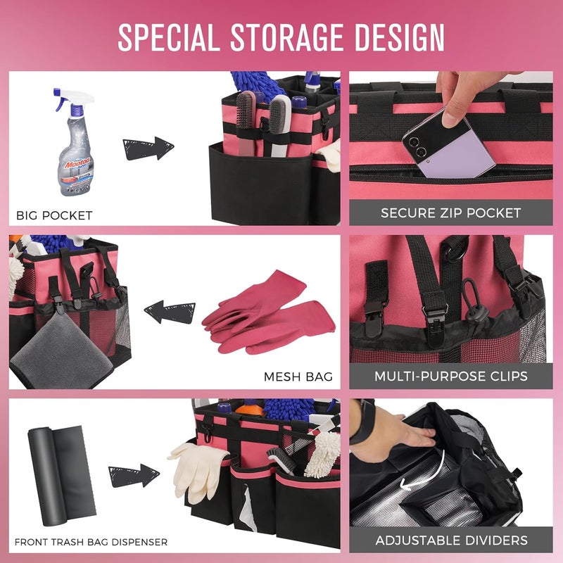 SCAVATA Wearable Cleaning Caddy, Cleaning Caddy Supplies Organizer with Handle & Shoulder Straps for Housekeepers, Under Sink & Car Cleaning Tool Organizers Bag with 4 Foldable Divider (OleanderRed) - Image 3
